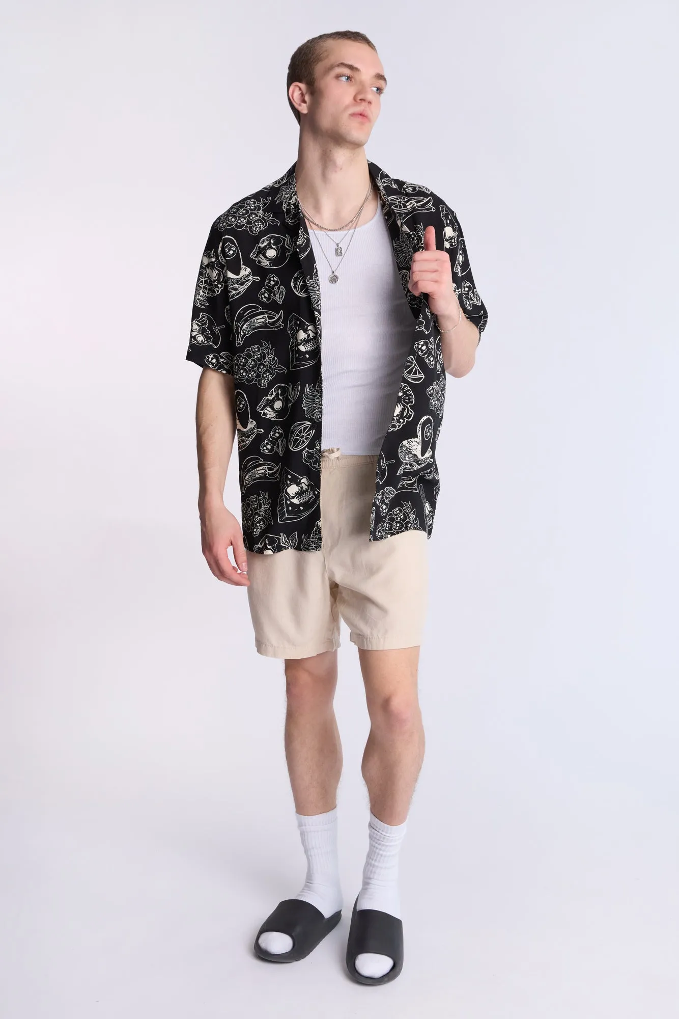 Arsenic Mens B&W Fruit Skulls Button-Up