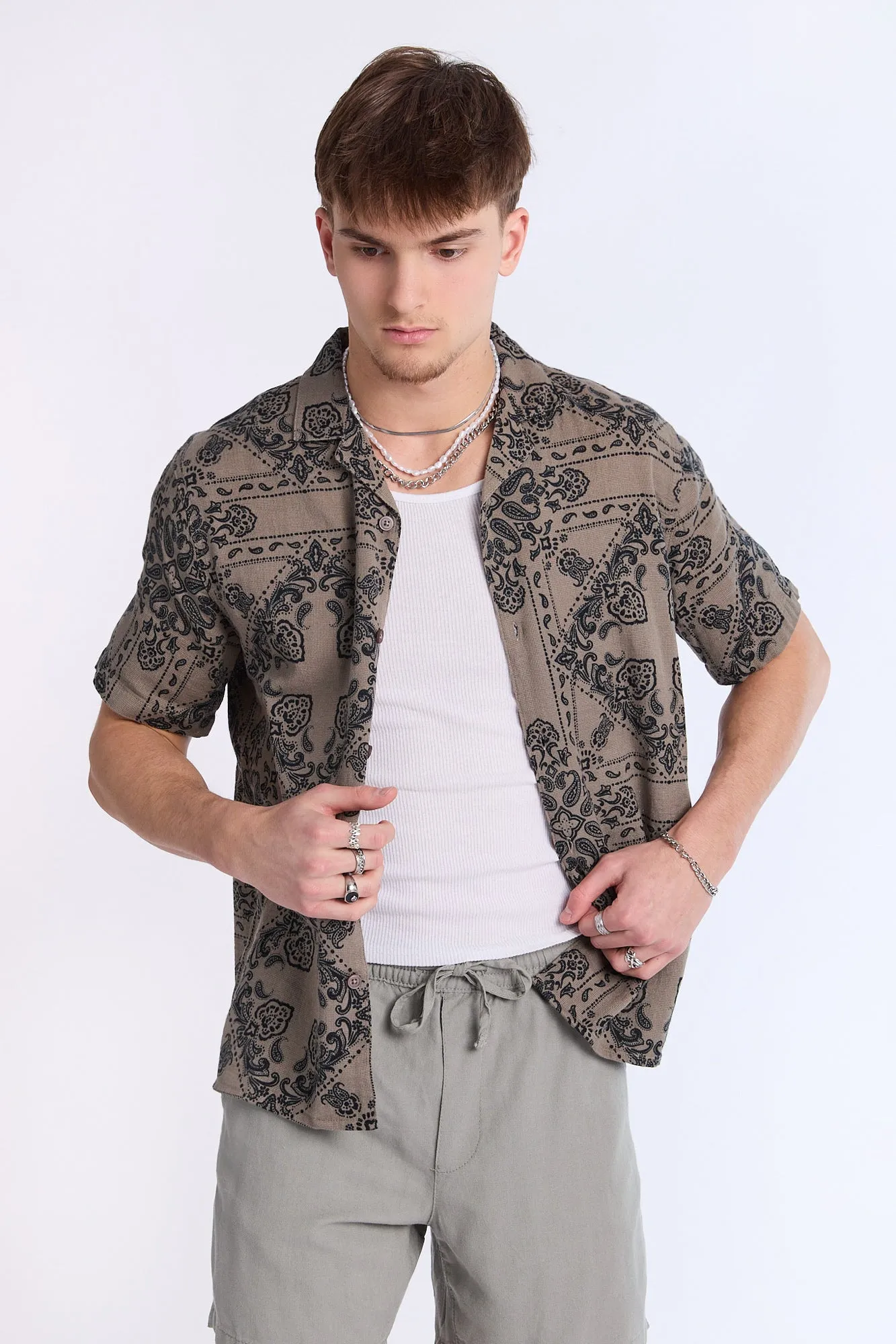 Arsenic Mens Bandana Print Gauze Button-Up