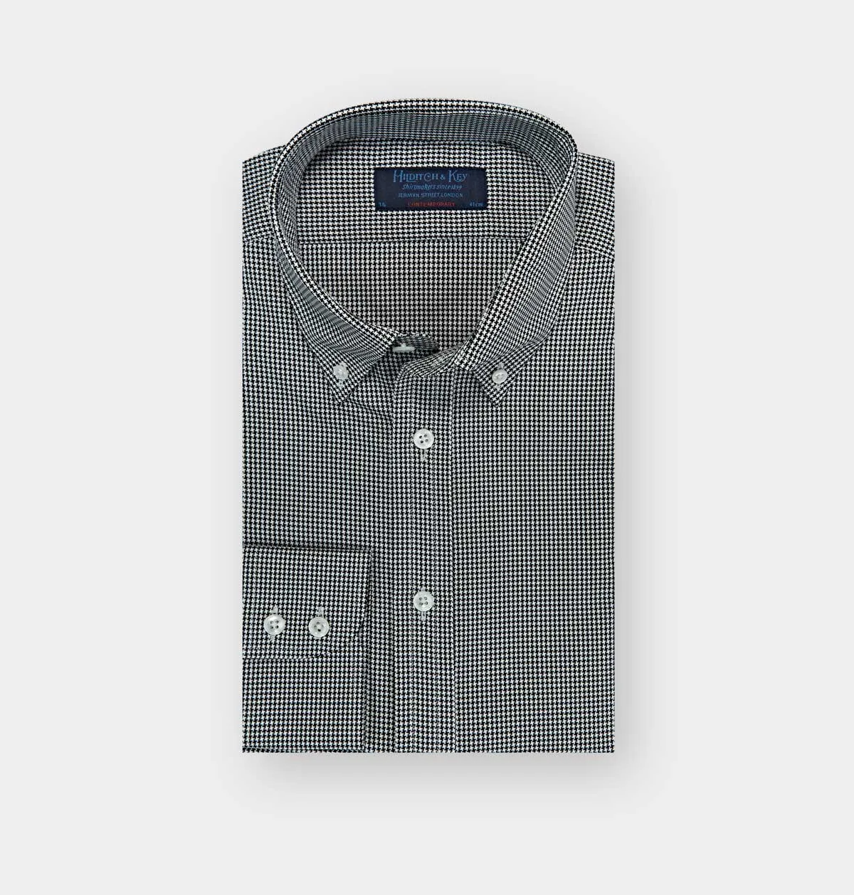 Contemporary Fit, Button Down Collar, Two Button Cuff In Black & White Houndstooth