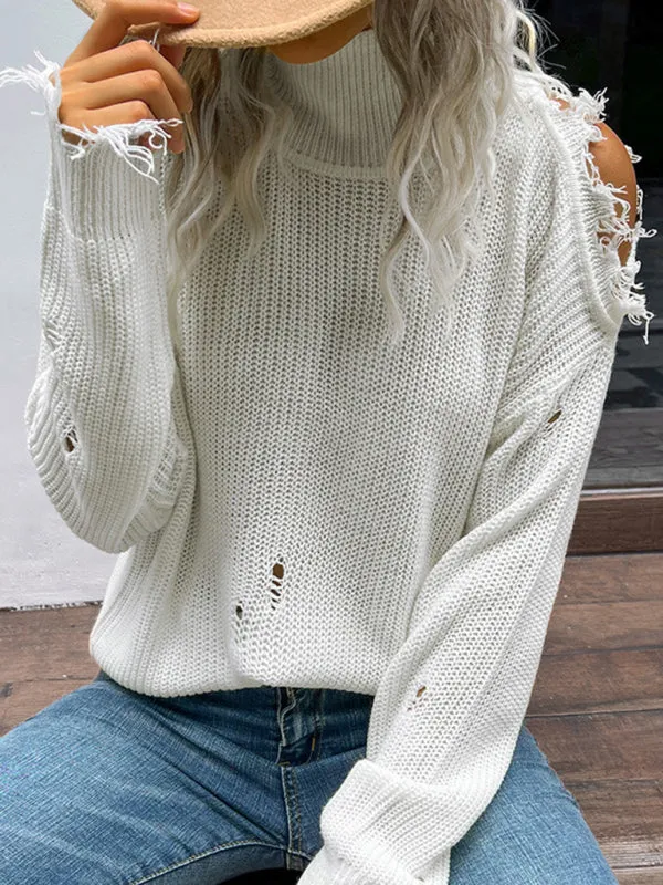 Frayed Knitted Turtleneck Sweater