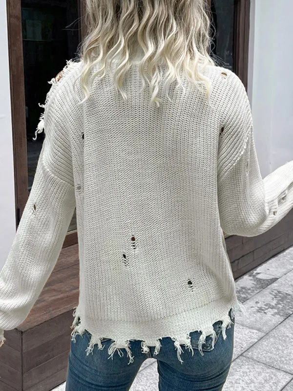 Frayed Knitted Turtleneck Sweater