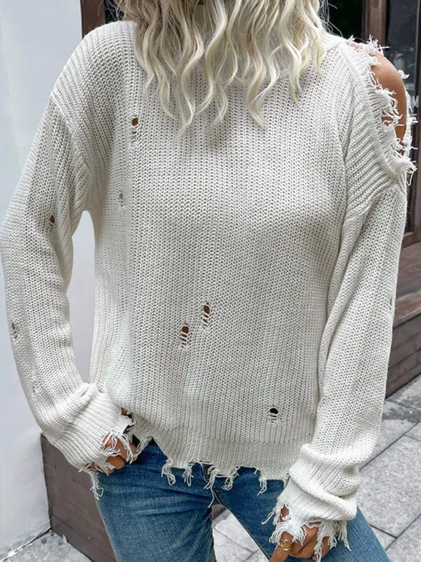 Frayed Knitted Turtleneck Sweater