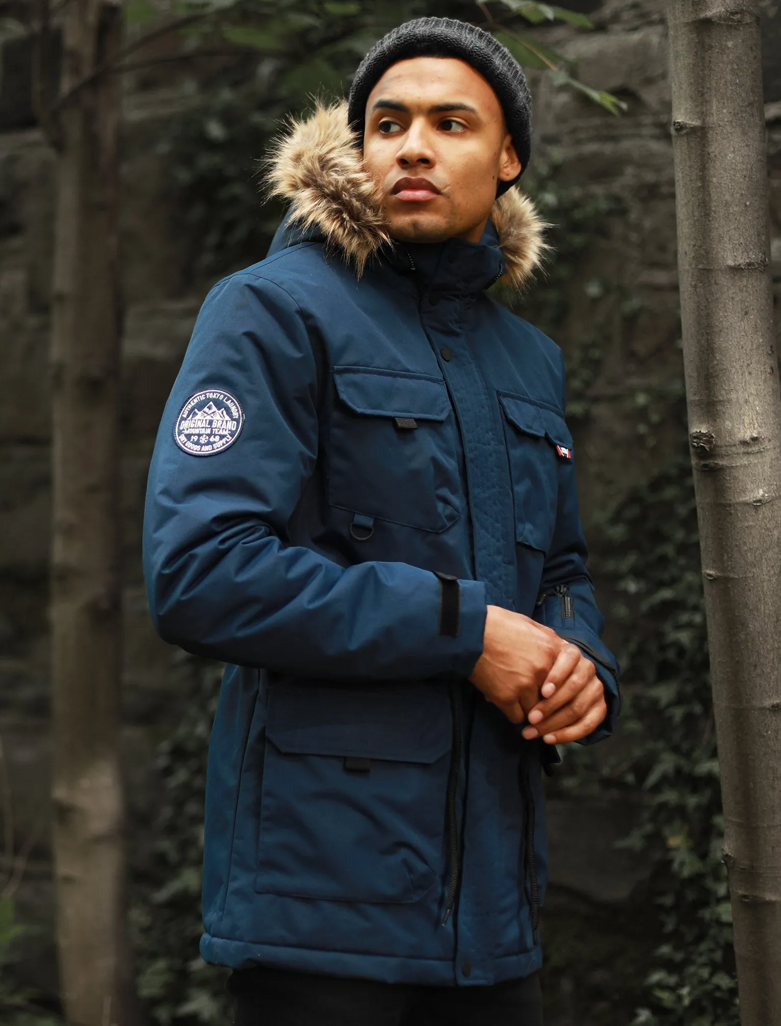 Hjalmar Utility Parka Coat with Fleece Lined Faux Fur Trim Hood in Navy - Tokyo Laundry