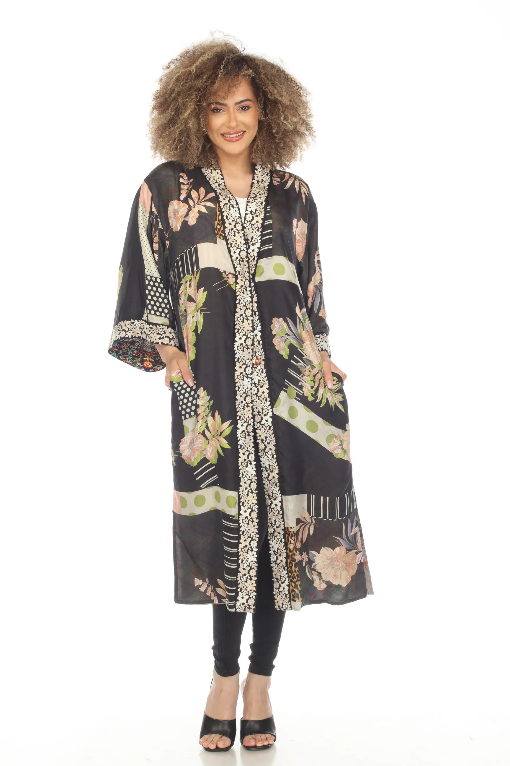 Johnny Was Odyssey Silk Floral Printed Embroidered Reversible Kimono Boho Chic C48123