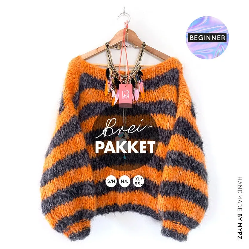 Knitting Kit – MYPZ Chunky Mohair Pullover Orange-Black NO 15 – Beginner (ENG-NL-DE)