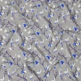 Light Grey Viscose Fabric with Blue and Purple Floral Digital Print, 110 cm Width-D20633