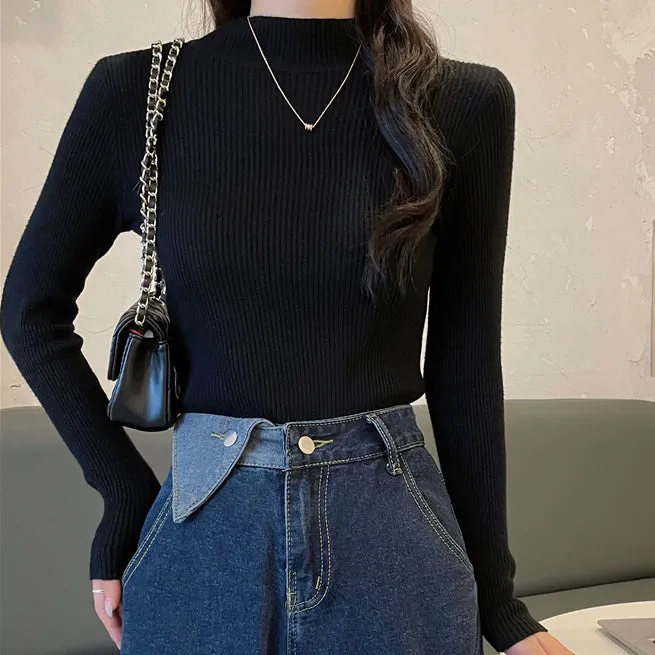 Long-Sleeve Knitted Top Half Turtleneck Sweater