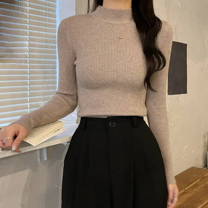Long-Sleeve Knitted Top Half Turtleneck Sweater