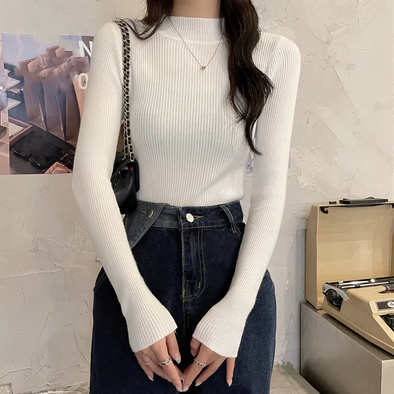 Long-Sleeve Knitted Top Half Turtleneck Sweater