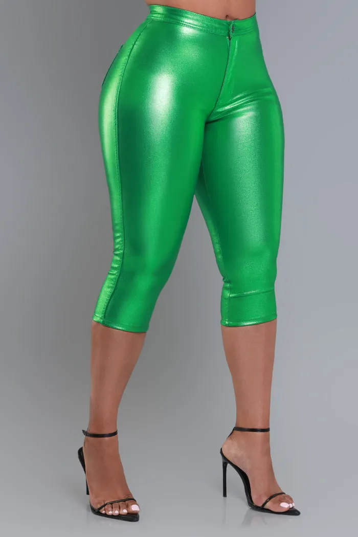 Make It Shimmer High Rise Metallic Capri Pants - Kelly Green