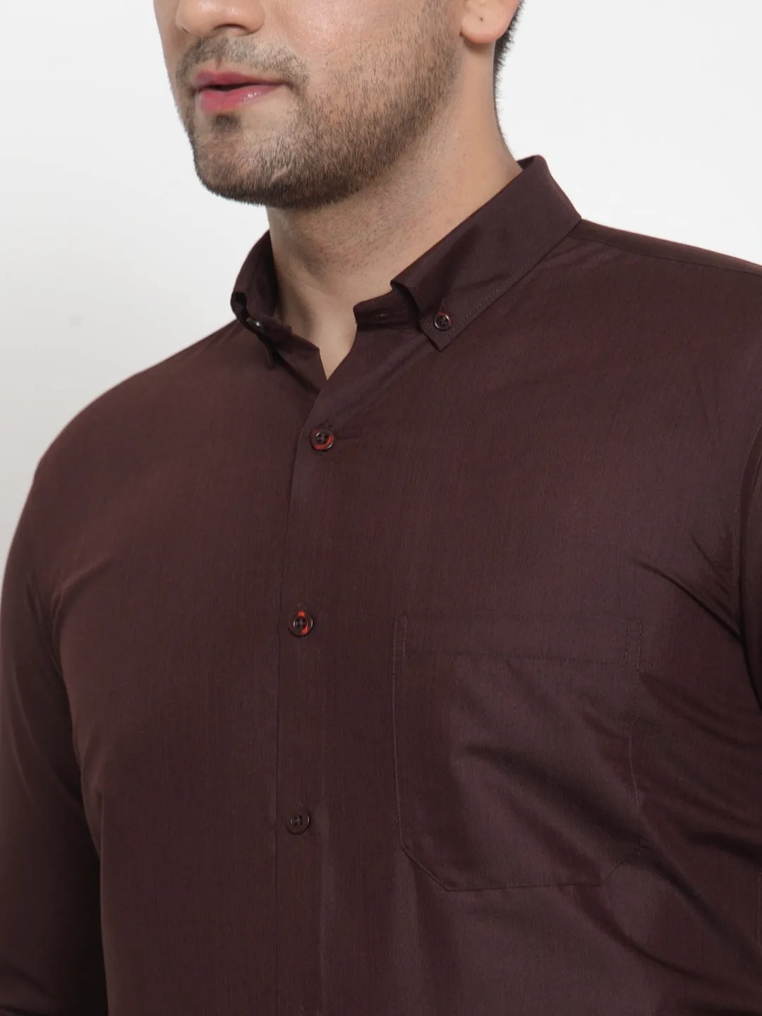 Men's Brown Cotton Solid Button Down Formal Shirts ( SF 713Coffee ) - Jainish