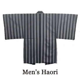 Men's Japanese Kimono Haori, Coat : Black and Grey striped *L size
