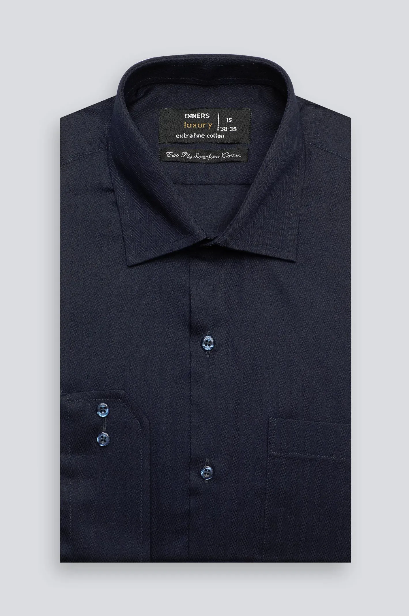 Navy Blue Herringbone Textured Formal Shirt