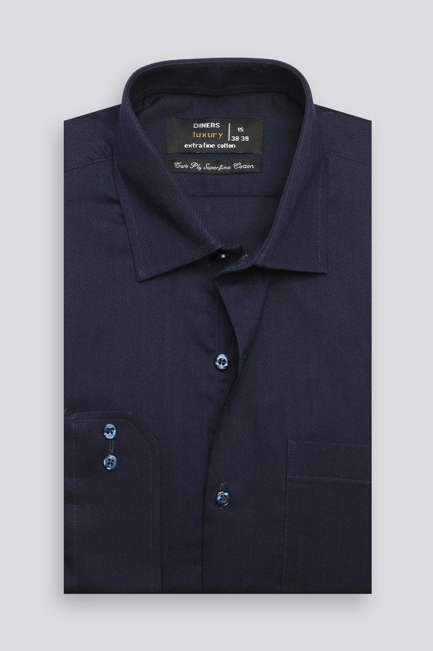 Navy Blue Herringbone Textured Formal Shirt