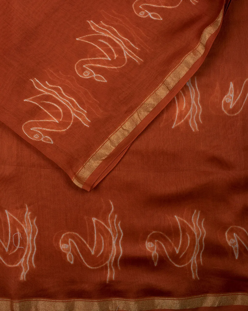 Orange & White Creature Print Hand Block Shibori Chanderi Fabric