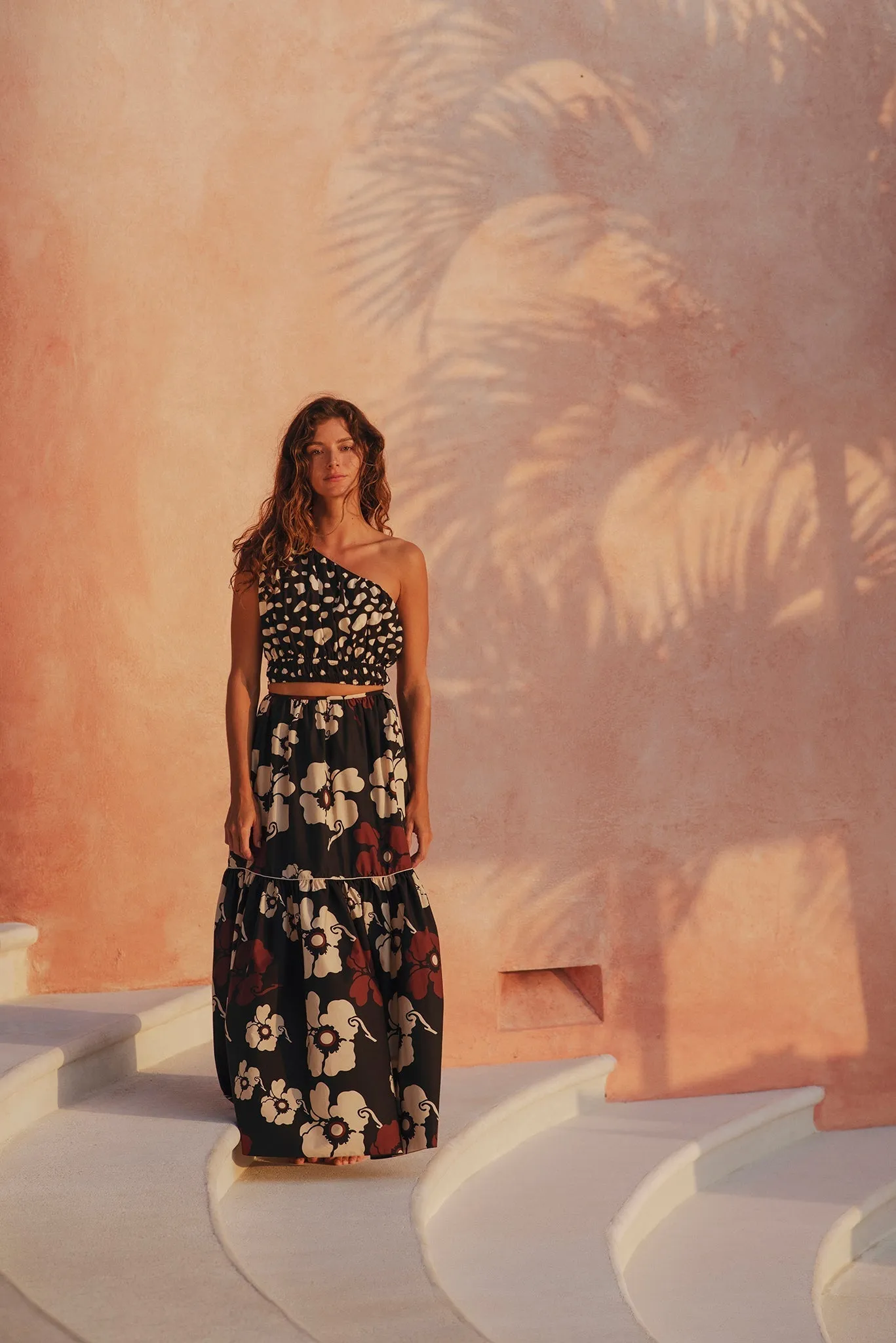 Ornella Cotton Maxi Skirt / Black Maxi Ivory Flowers