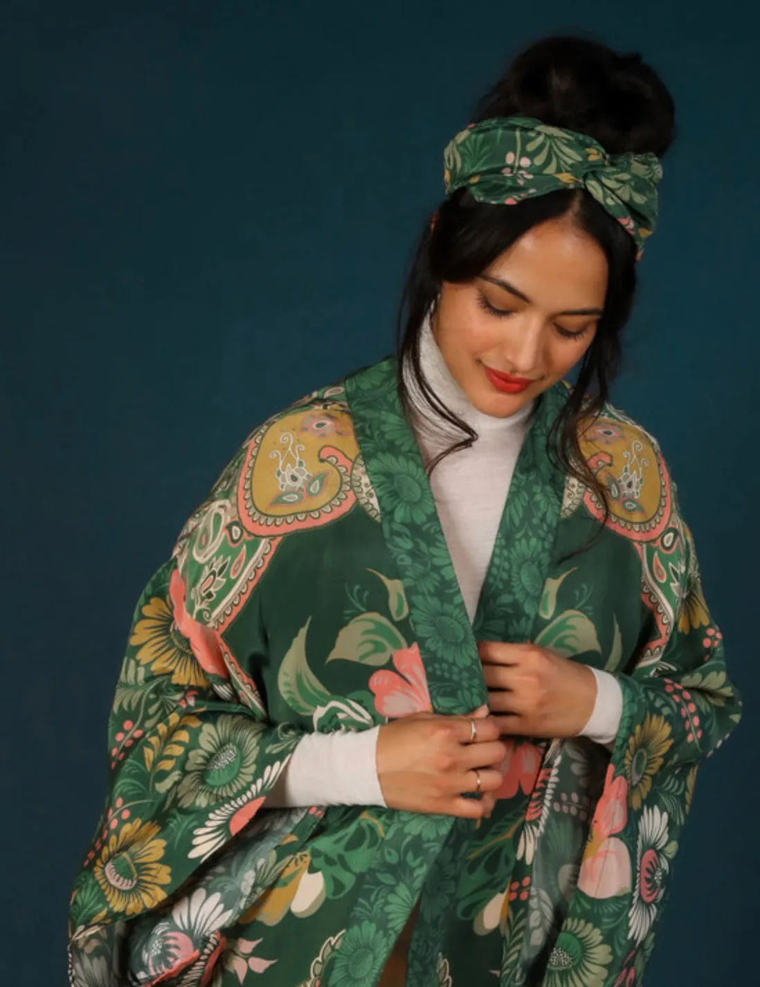 POWDER FOLK ART FLORAL KIMONO JACKET FERN