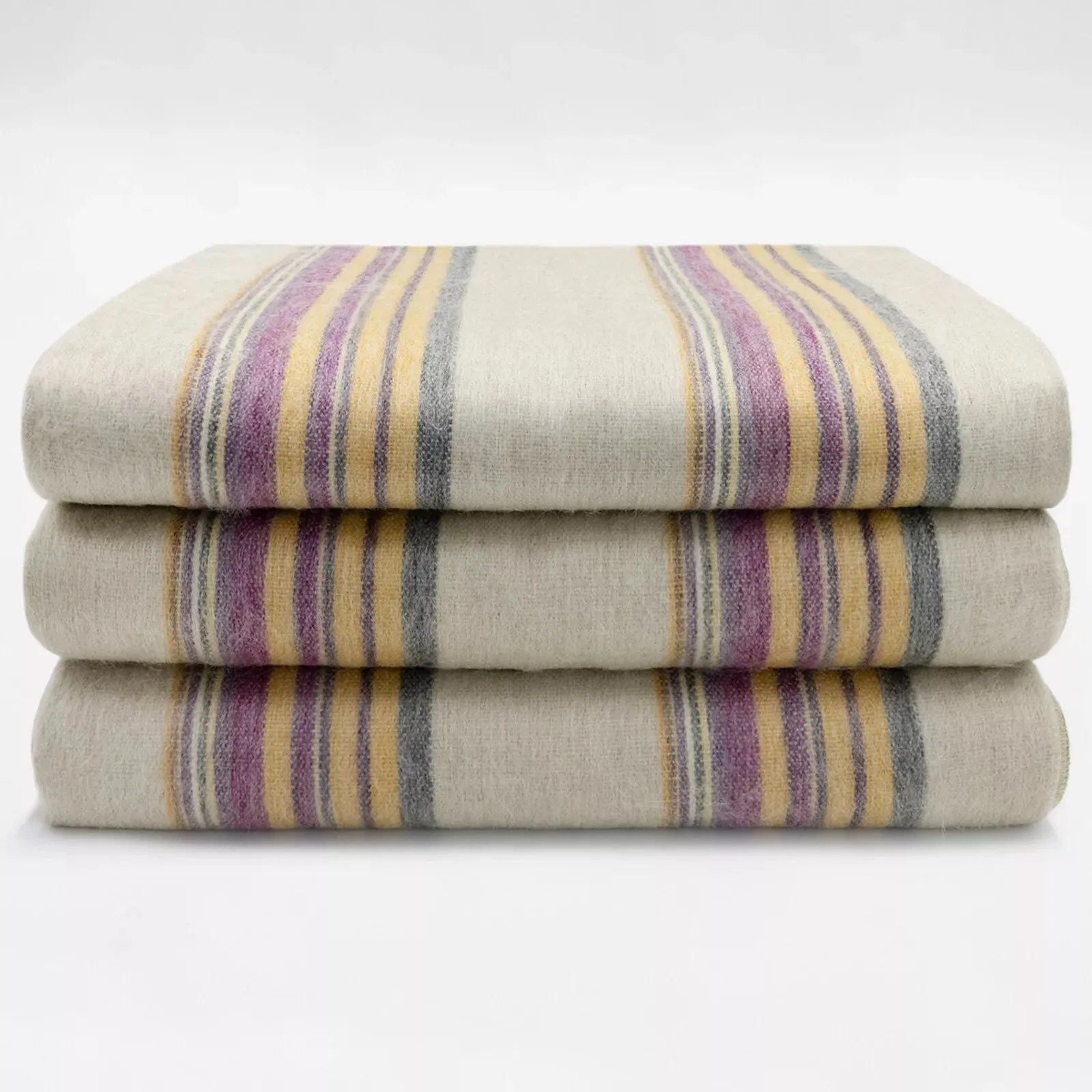 Quijos - Fine Alpaca Wool Throw Blanket / Sofa Cover - Queen 96 x 65 in - Multicolor Stripes in Lavender, Gold & Gray