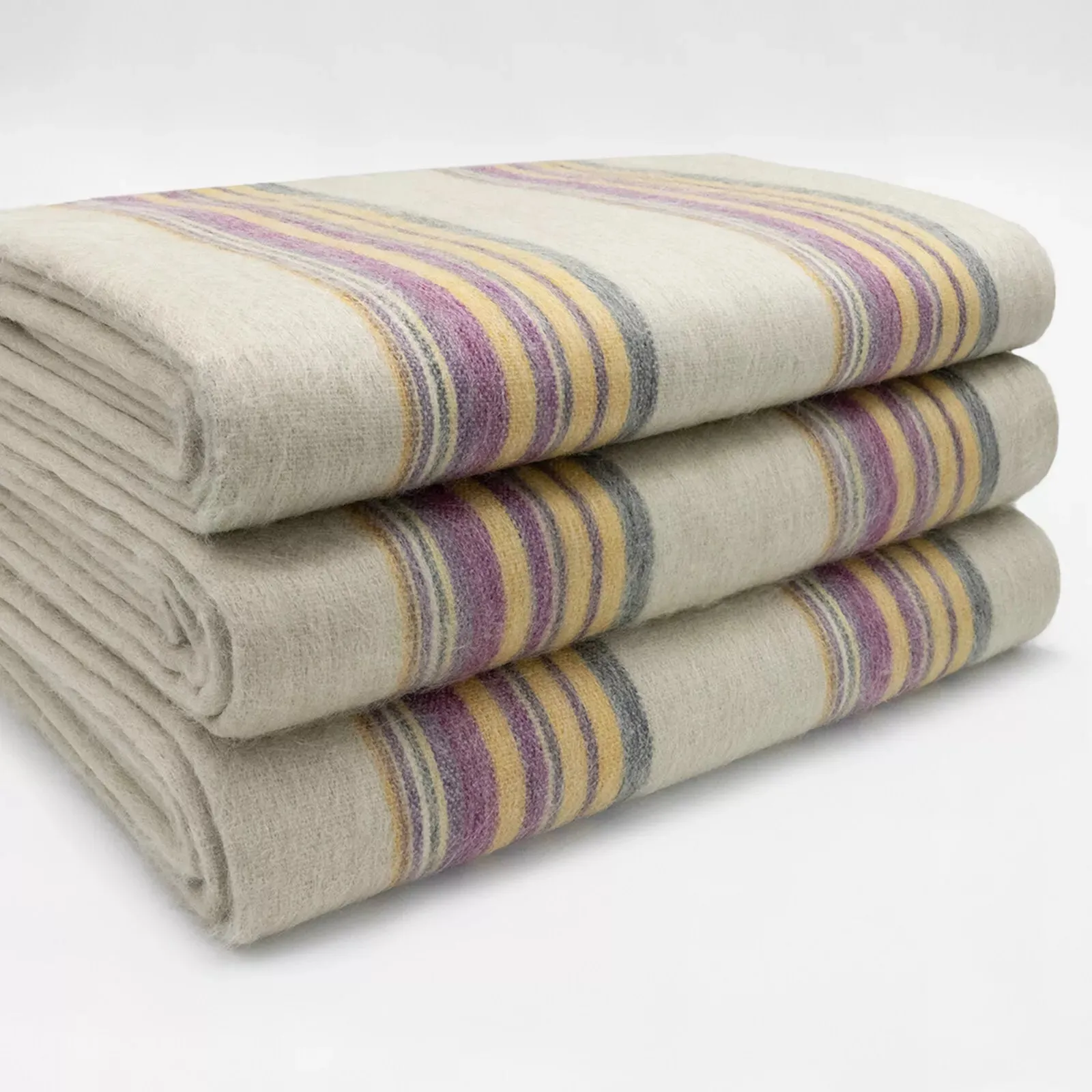Quijos - Fine Alpaca Wool Throw Blanket / Sofa Cover - Queen 96 x 65 in - Multicolor Stripes in Lavender, Gold & Gray
