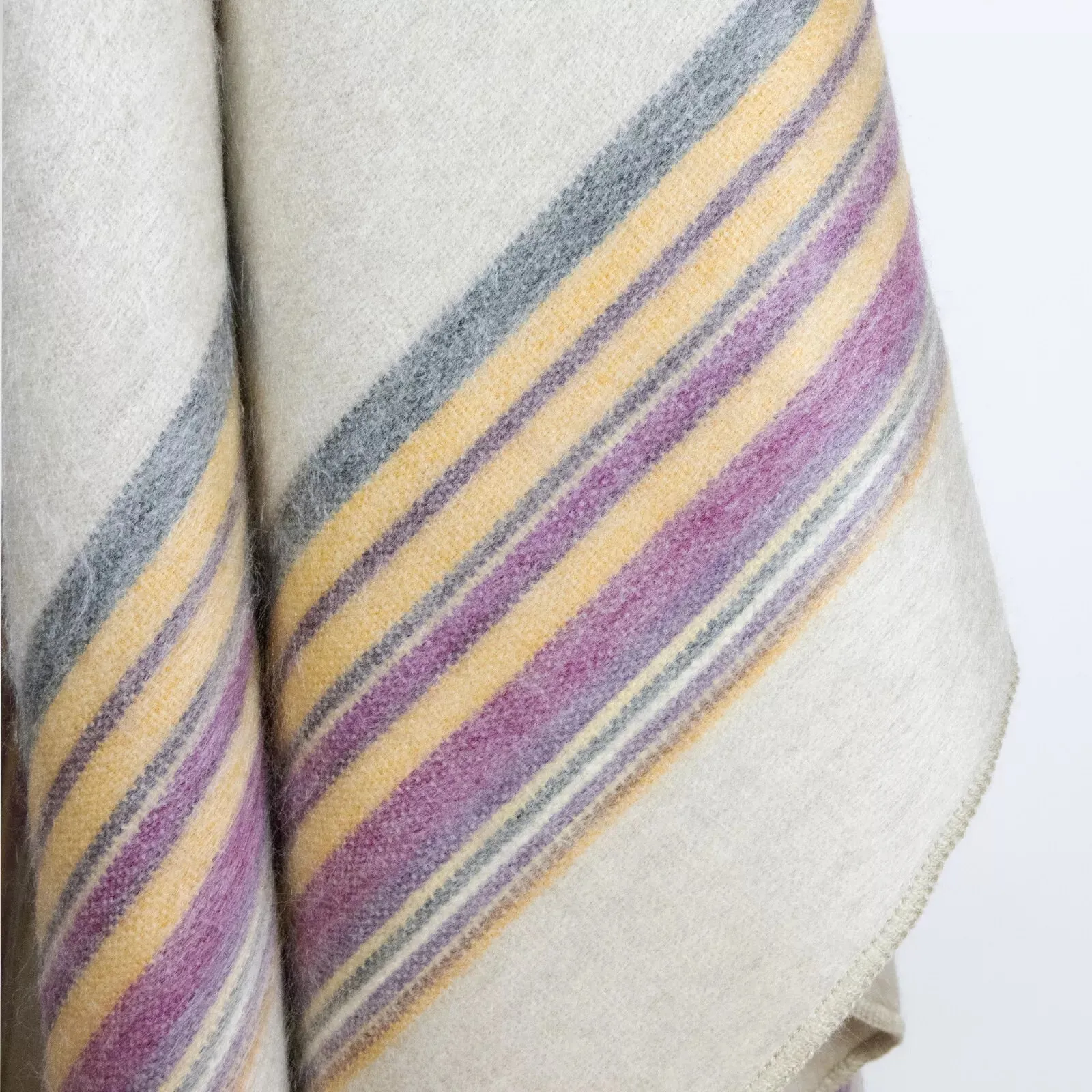 Quijos - Fine Alpaca Wool Throw Blanket / Sofa Cover - Queen 96 x 65 in - Multicolor Stripes in Lavender, Gold & Gray