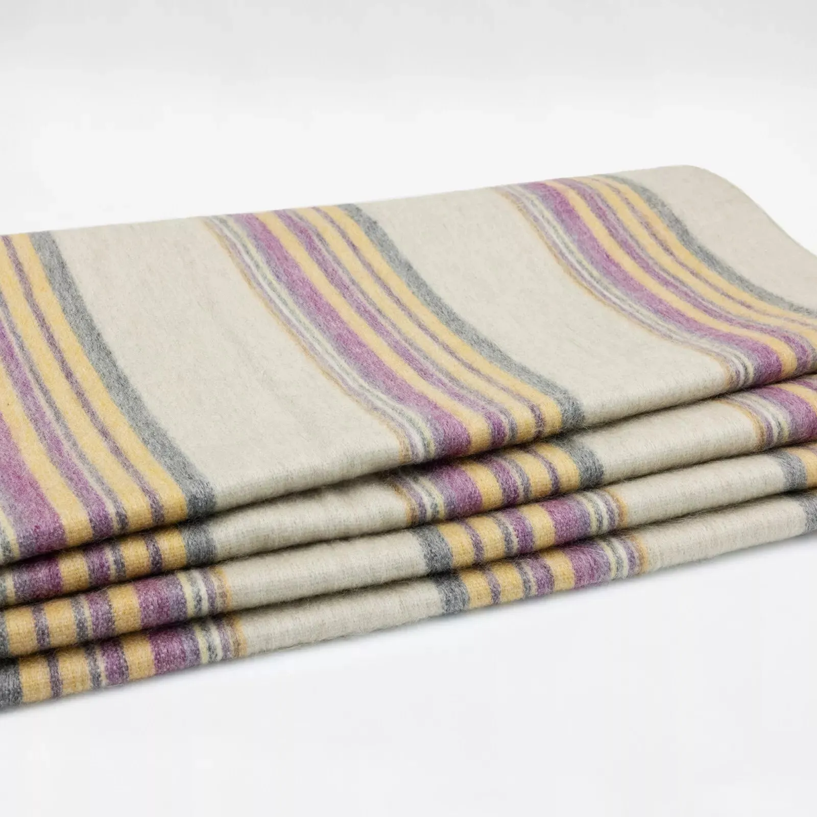 Quijos - Fine Alpaca Wool Throw Blanket / Sofa Cover - Queen 96 x 65 in - Multicolor Stripes in Lavender, Gold & Gray