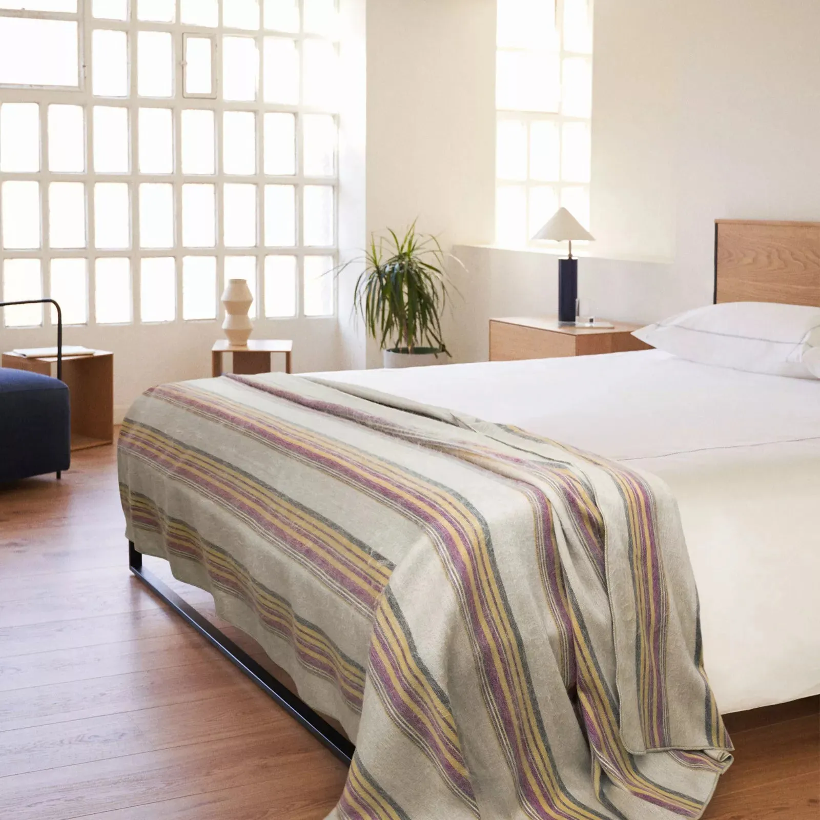 Quijos - Fine Alpaca Wool Throw Blanket / Sofa Cover - Queen 96 x 65 in - Multicolor Stripes in Lavender, Gold & Gray
