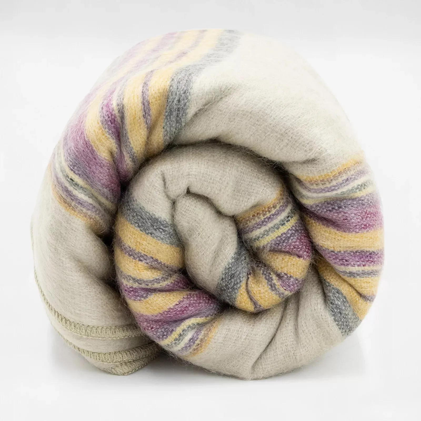 Quijos - Fine Alpaca Wool Throw Blanket / Sofa Cover - Queen 96 x 65 in - Multicolor Stripes in Lavender, Gold & Gray