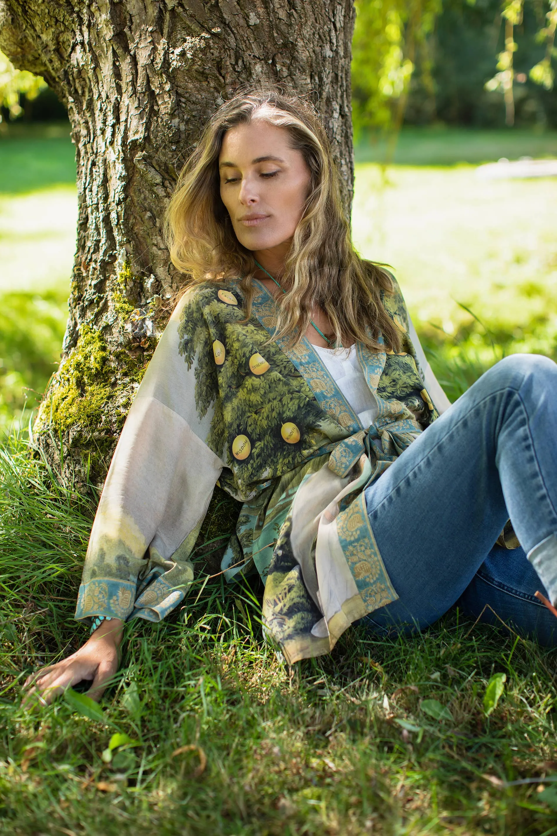 Tree of Life Bamboo Bohemian Kimono Cardigan with Belt