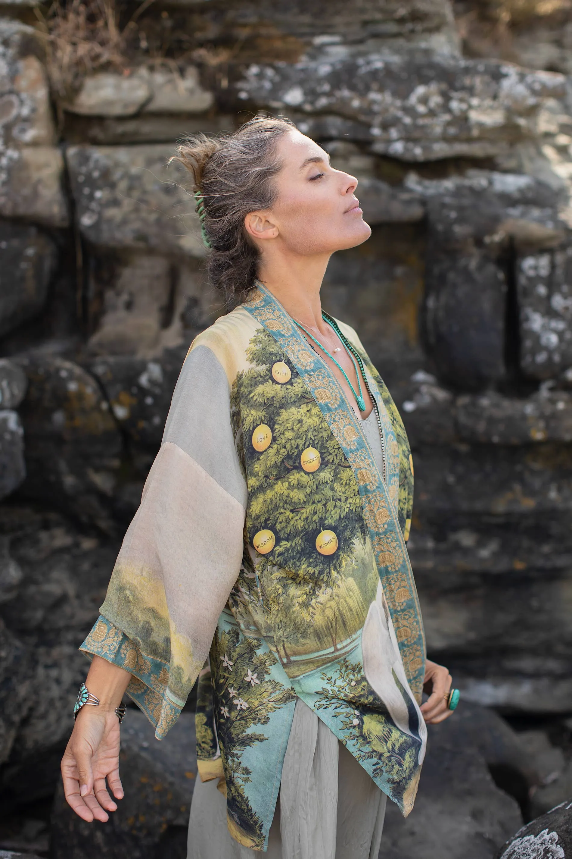 Tree of Life Bamboo Bohemian Kimono Cardigan with Belt