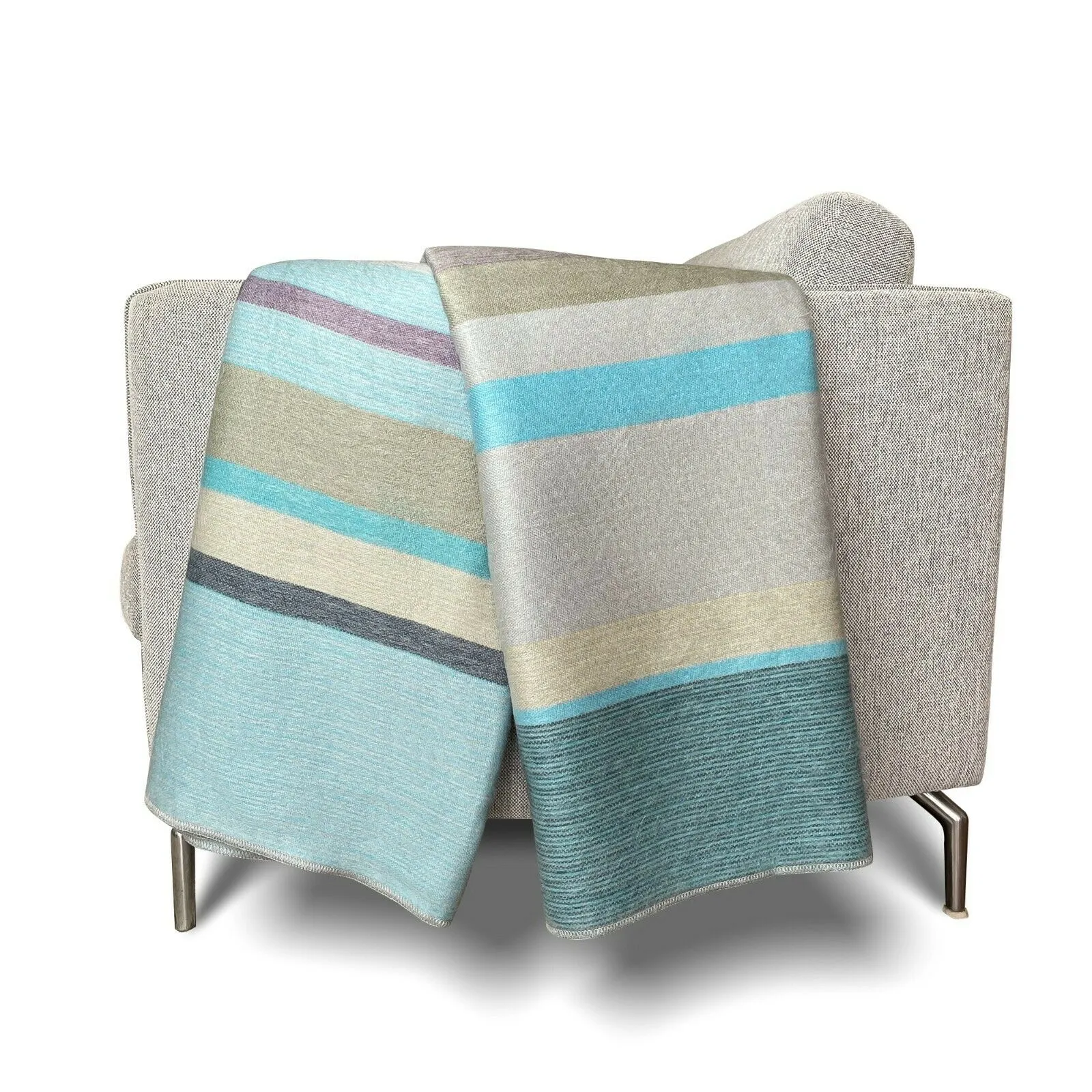 Tushin - Baby Alpaca Wool Throw Blanket / Sofa Cover - Queen 94.5" x 67" - striped cream/pistachio/turquoise/grey