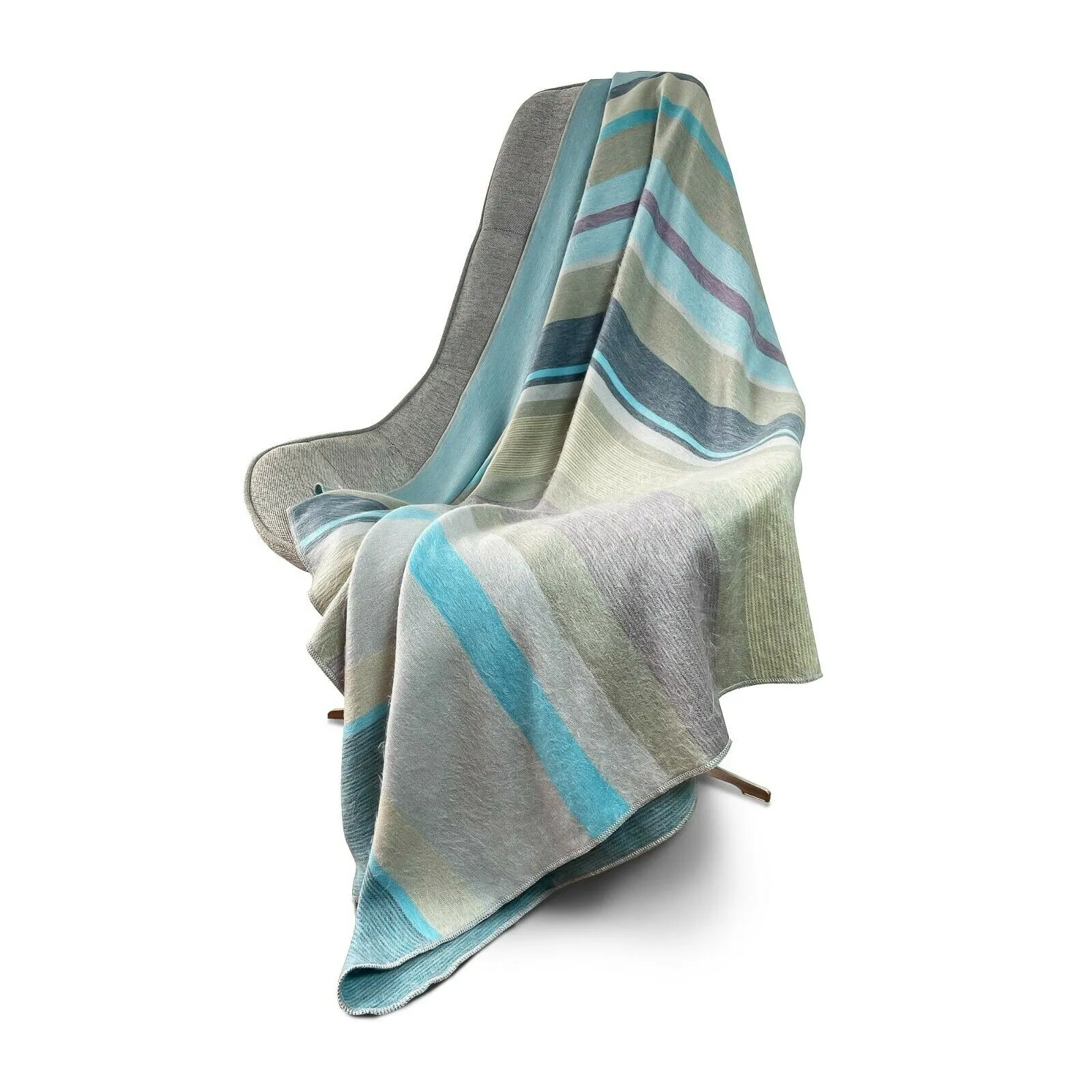 Tushin - Baby Alpaca Wool Throw Blanket / Sofa Cover - Queen 94.5" x 67" - striped cream/pistachio/turquoise/grey
