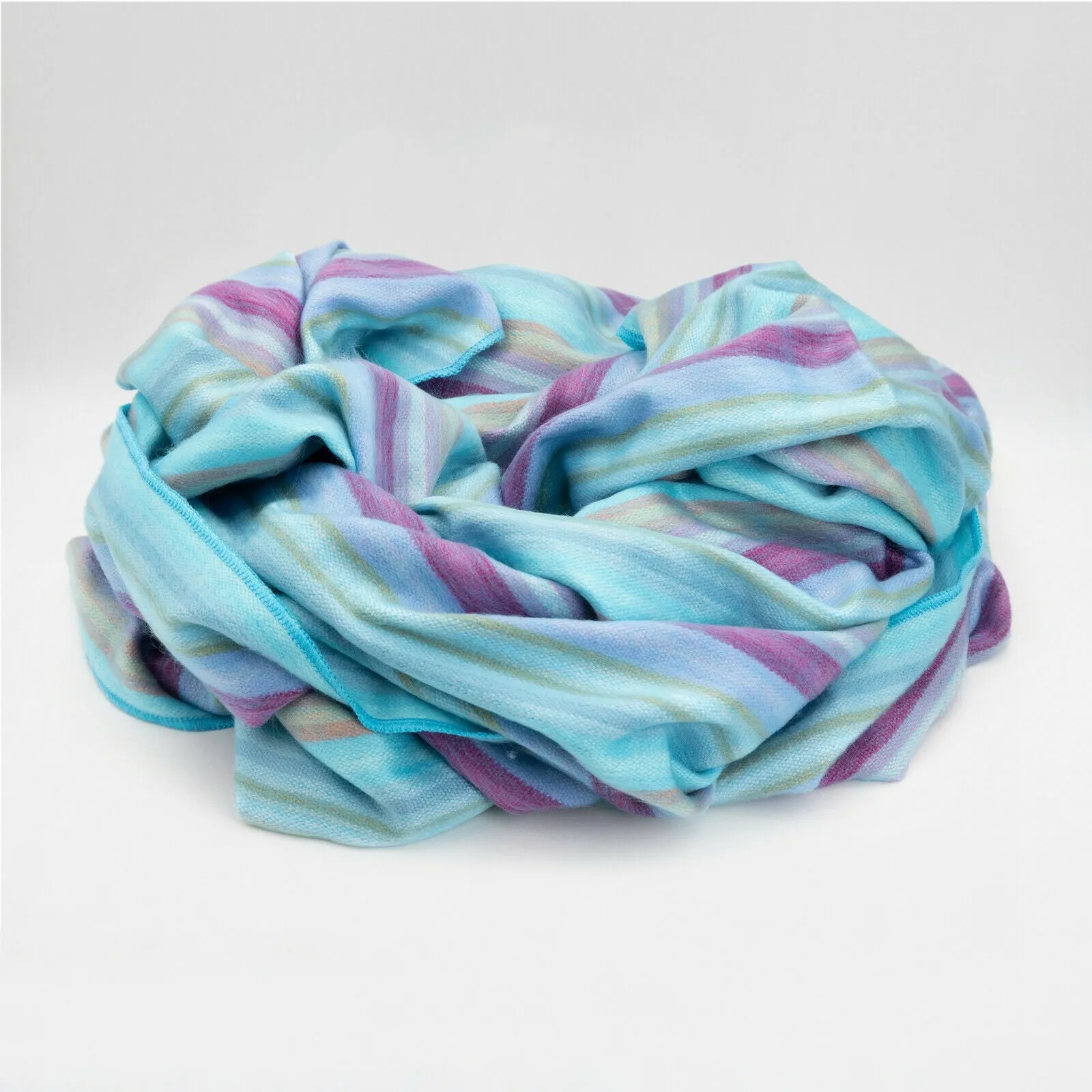 Tzacantza - Baby Alpaca Wool Throw Blanket / Sofa Cover - Queen 95" x 66" - aqua purple stripes pattern