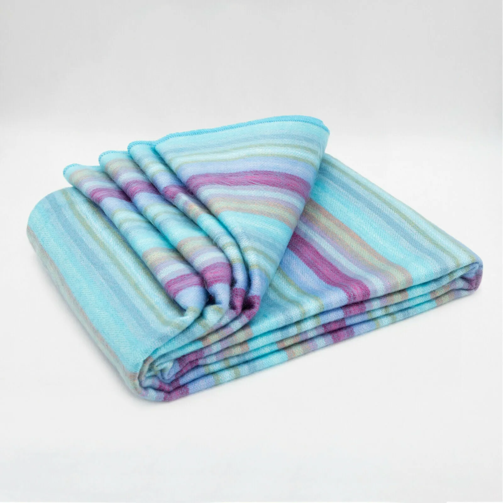 Tzacantza - Baby Alpaca Wool Throw Blanket / Sofa Cover - Queen 95" x 66" - aqua purple stripes pattern