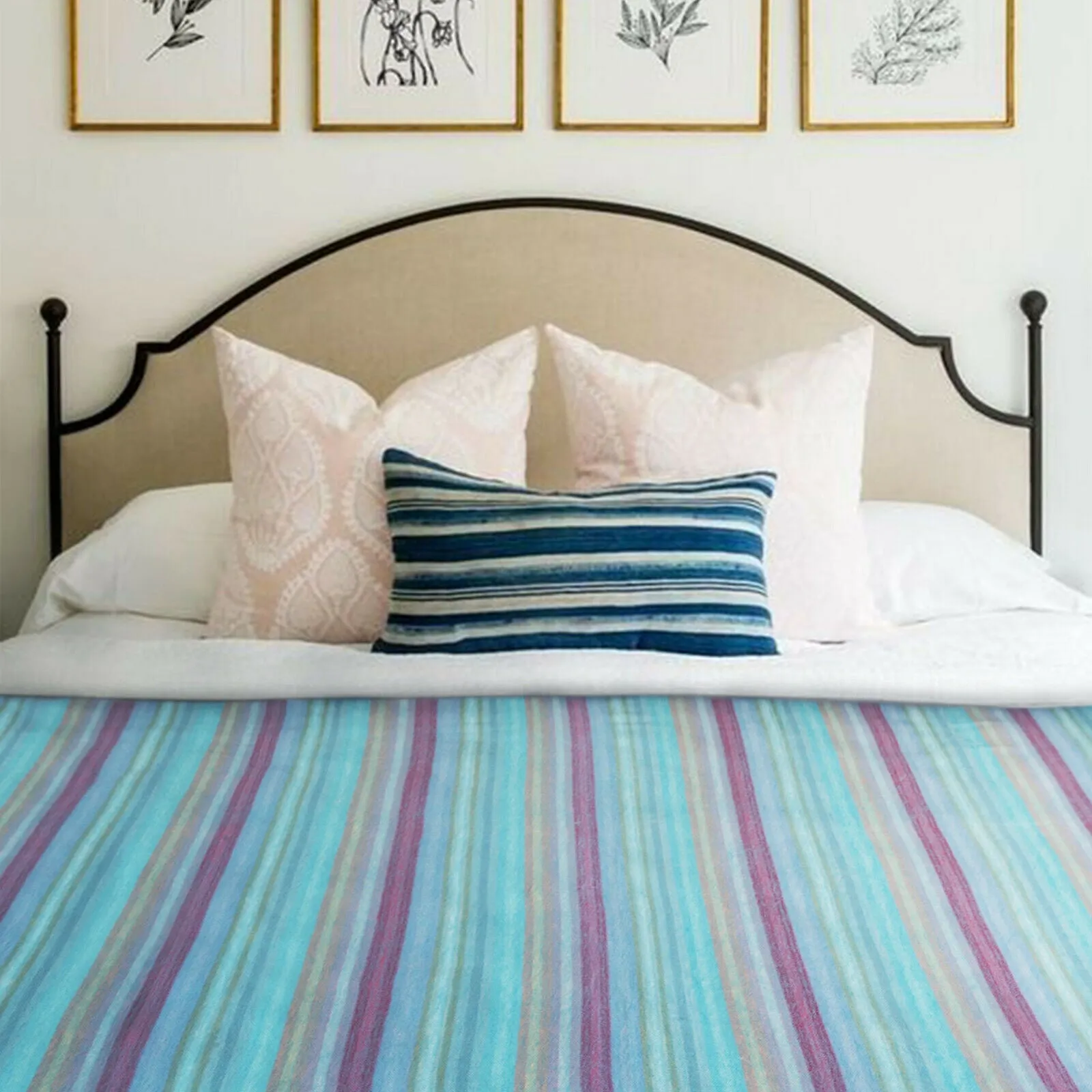 Tzacantza - Baby Alpaca Wool Throw Blanket / Sofa Cover - Queen 95" x 66" - aqua purple stripes pattern