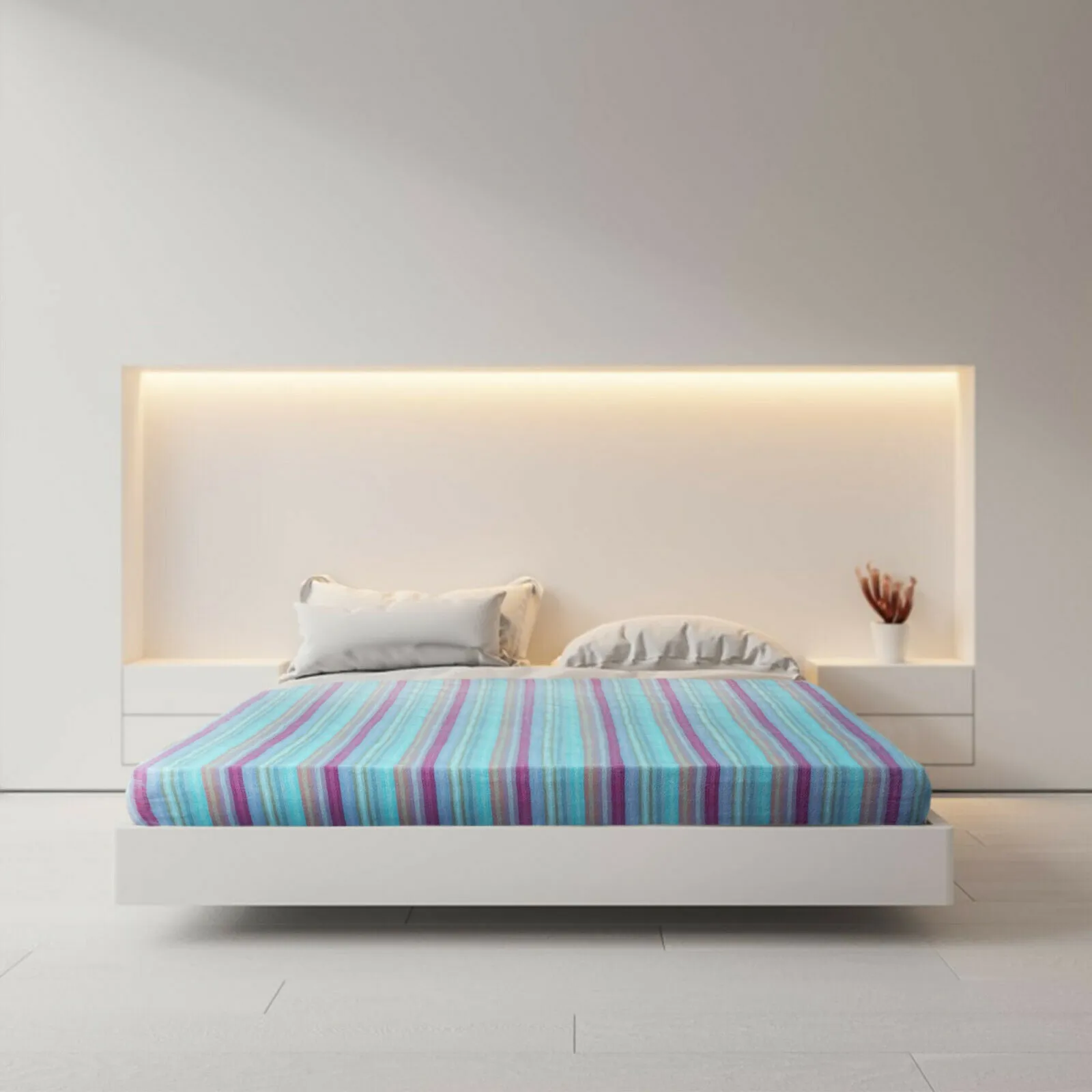 Tzacantza - Baby Alpaca Wool Throw Blanket / Sofa Cover - Queen 95" x 66" - aqua purple stripes pattern