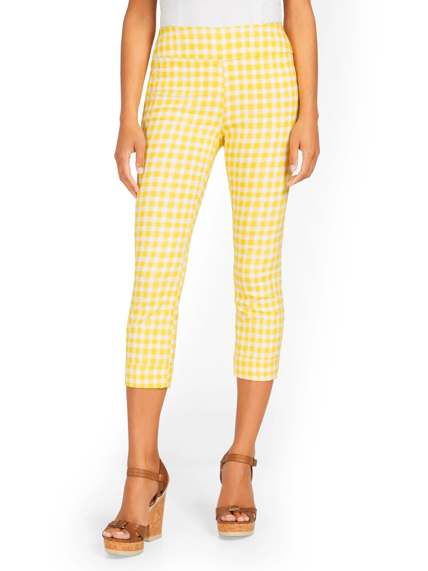 Whitney High-Waisted Pull-On Slim-Leg Capri Pant - Gingham