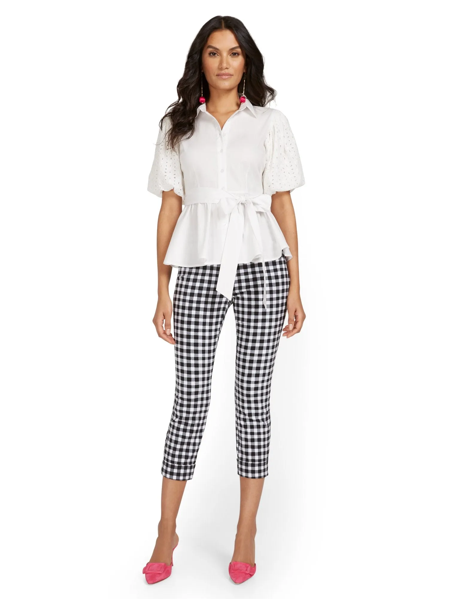 Whitney High-Waisted Pull-On Slim-Leg Capri Pant - Gingham