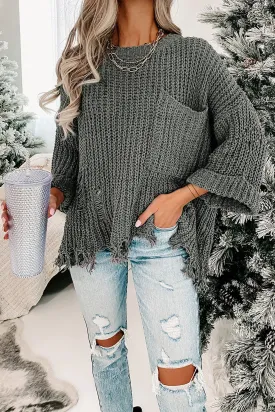 Women Gray Ripped Raw Hem Pullovers Chunky Knit Horn Sleeve Sweater