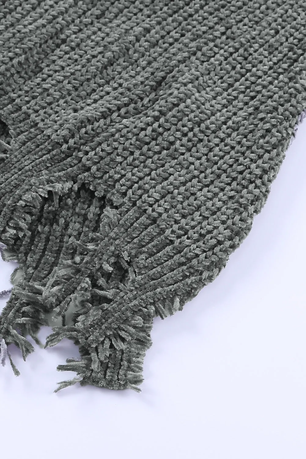 Women Gray Ripped Raw Hem Pullovers Chunky Knit Horn Sleeve Sweater