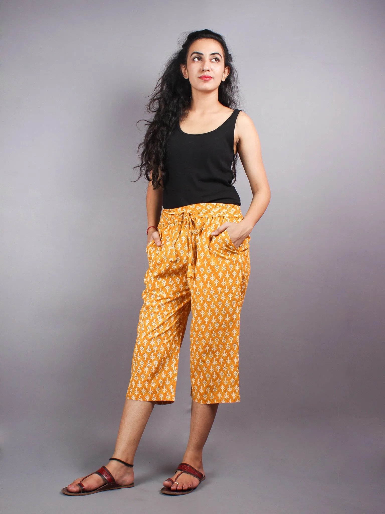 Yellow Hand Block Printed Elasticated Waist Capri - C0267013