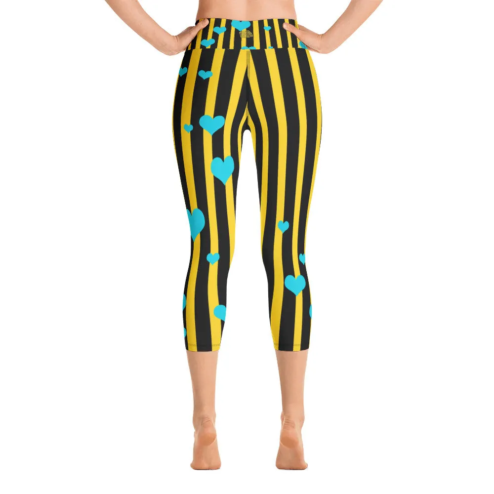 Yellow Striped Yoga Capri Pants, Women's Capris Leggings w/ Pockets -Made In USA/EU